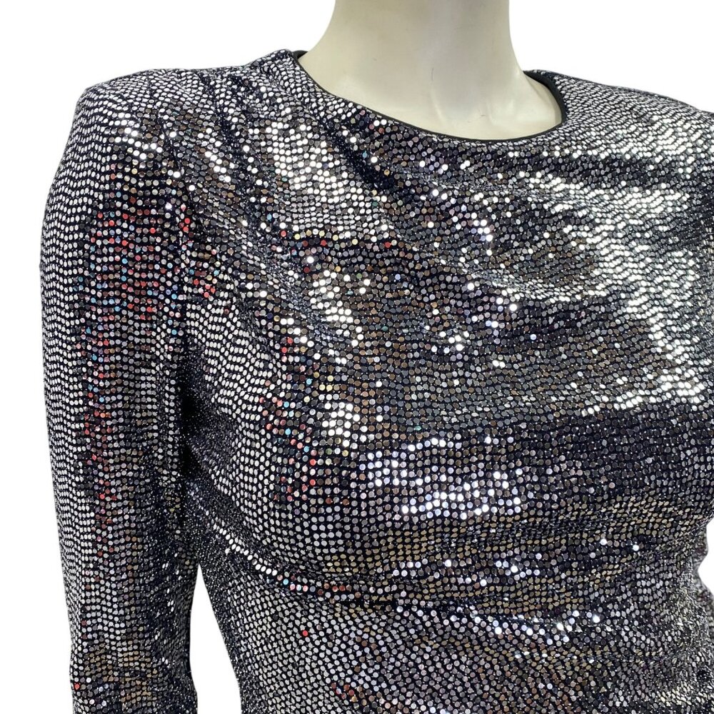 Vince Camuto‎ Silver Long Sleeve Sequin Ruched Dress Women's Evening Partywear 6 - Picture 3 of 11